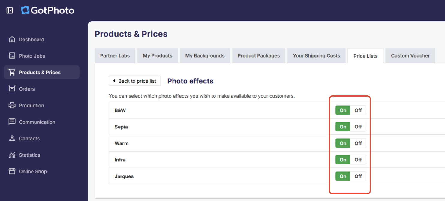 List of photo effects with ON/OFF toggles