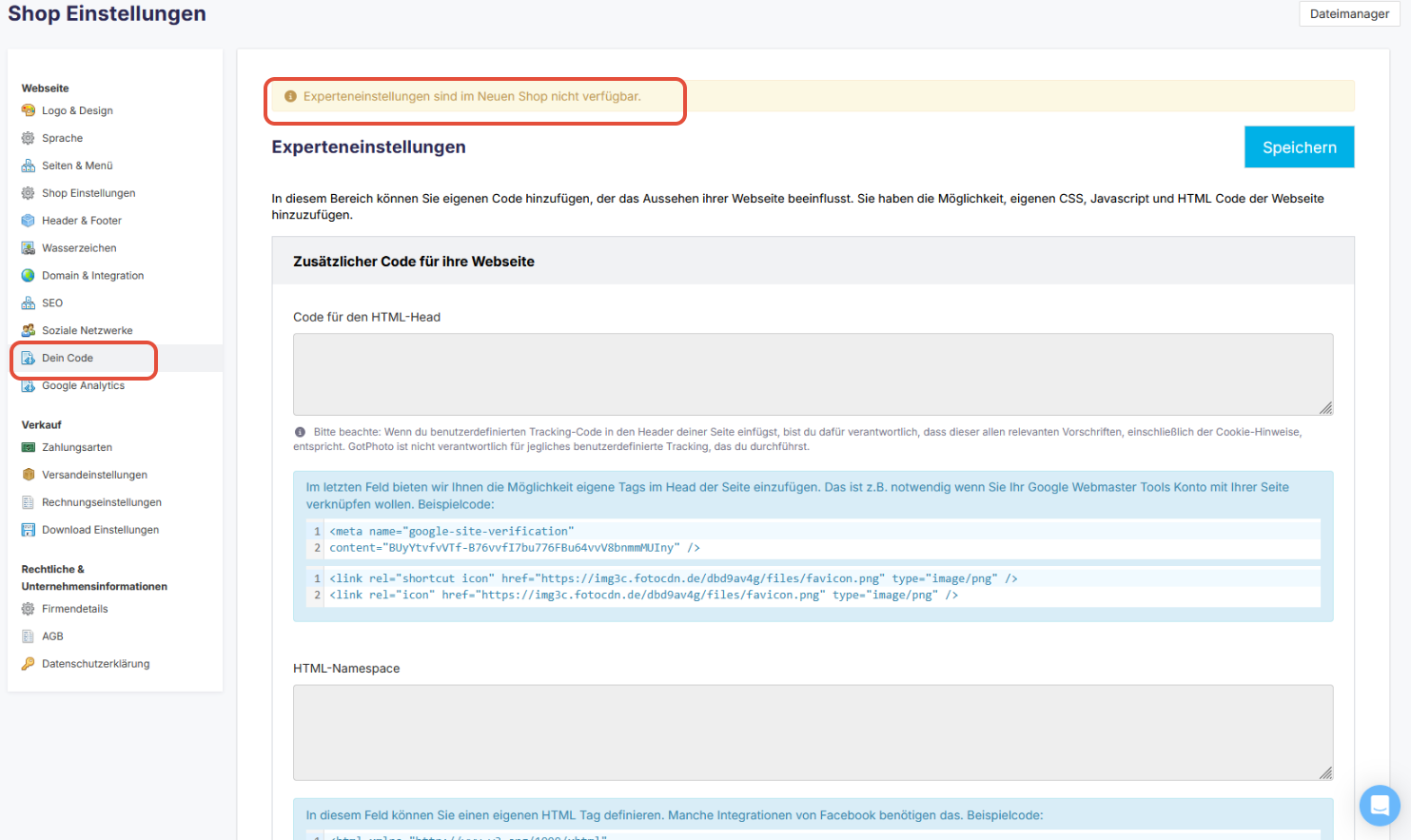 Ansicht des Reiters „Dein Code“