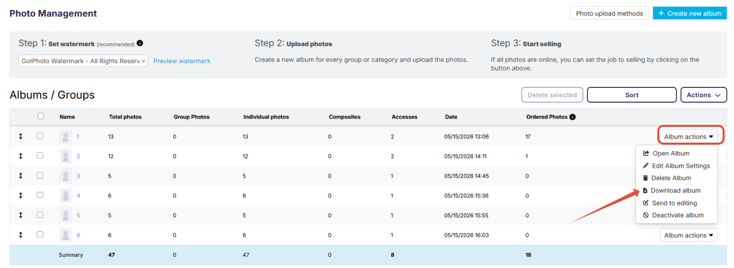 Album Actions dropdown with the Download album option.