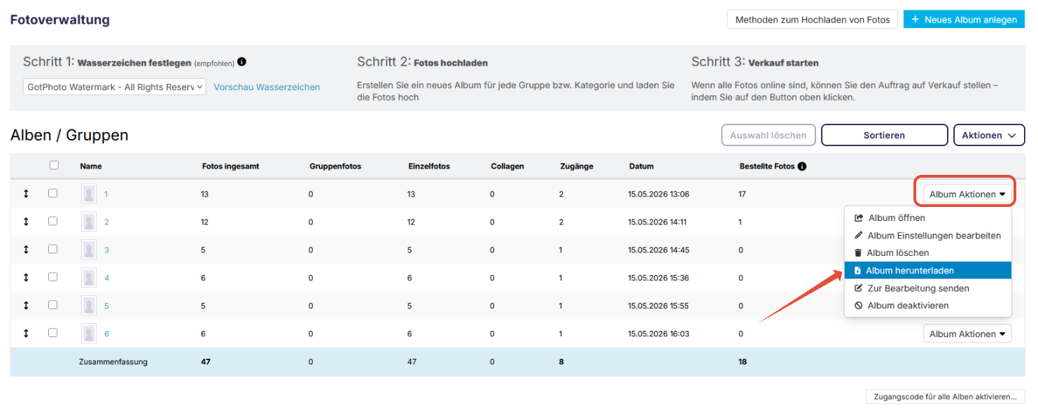 Option Album herunterladen im Dropdown-Menü Album Aktionen