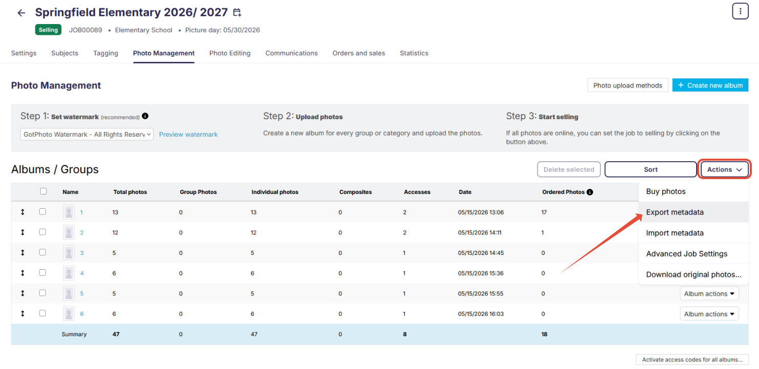 Actions menu with the Export metadata option.