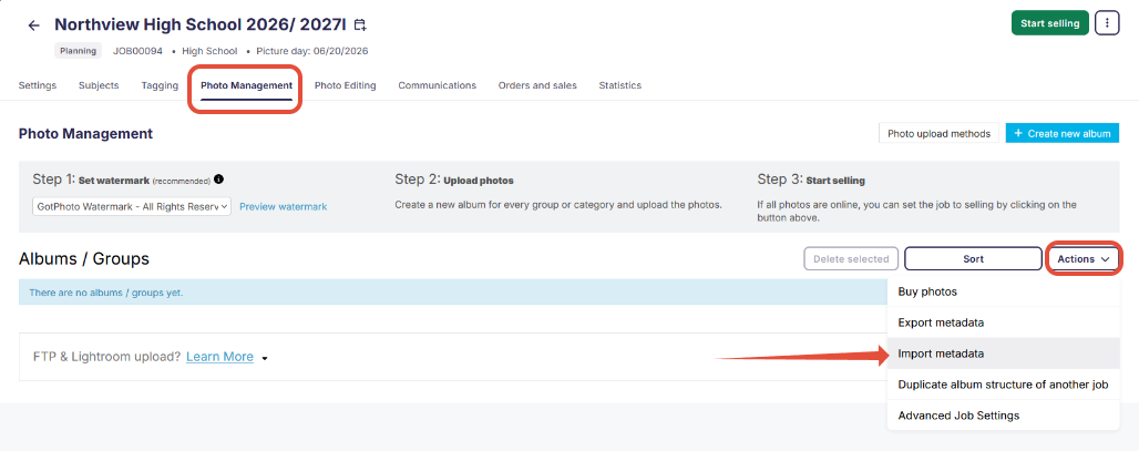 Actions menu with Import metadata