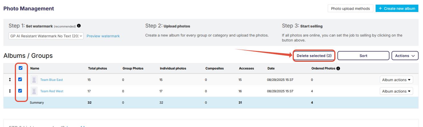 Screenshot showing the checkboxes next to albums.