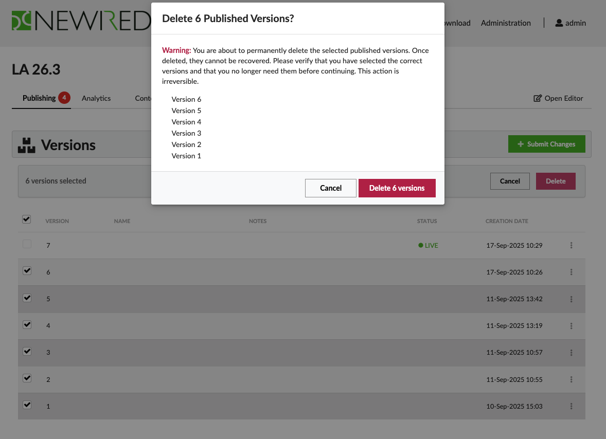 Permanently delete published versions in bulk operation