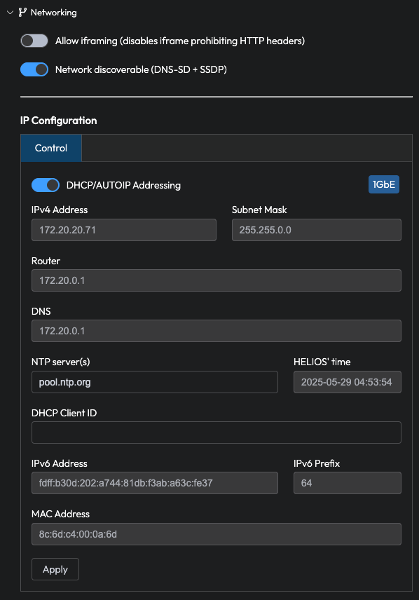 HELIOS® Networking Settings