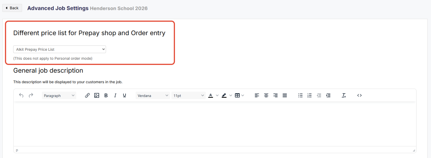 Dropdown for selecting a different price list for Prepay and Order entry orders