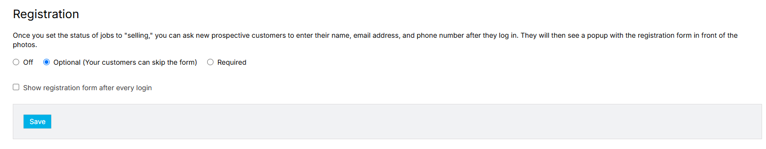 Customer registration settings for the Photo Job