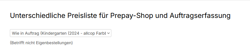 Preisliste für Prepay und Auftragseingabe auswählen