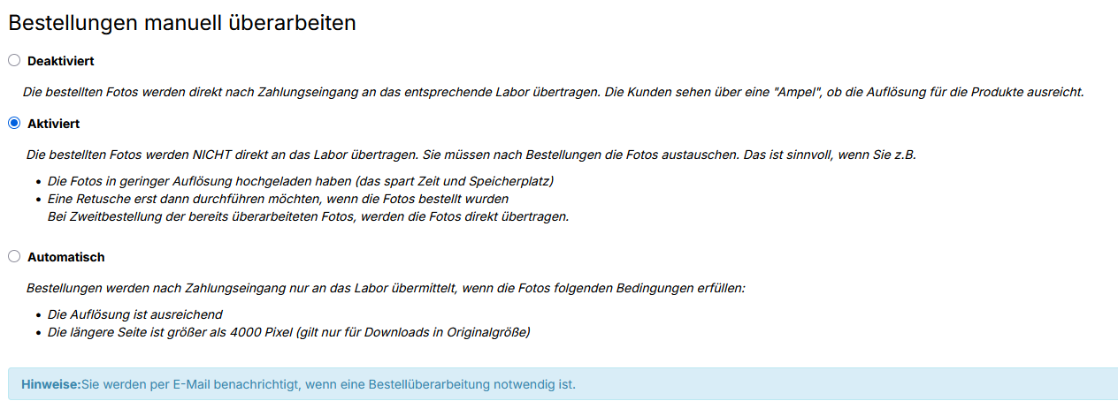 Einstellung für die manuelle Überarbeitung