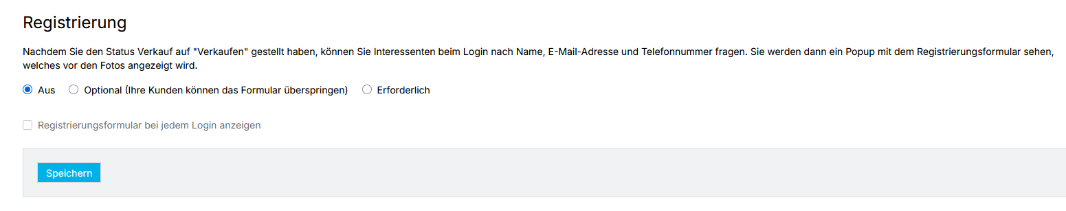Registrierungseinstellungen des Fotoauftrags