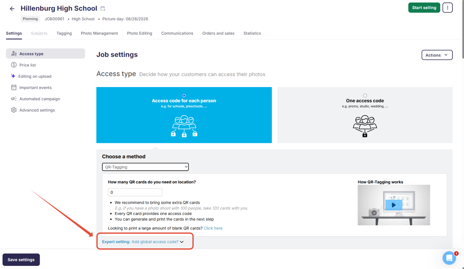 Global access code as replacement for "One access code" access type