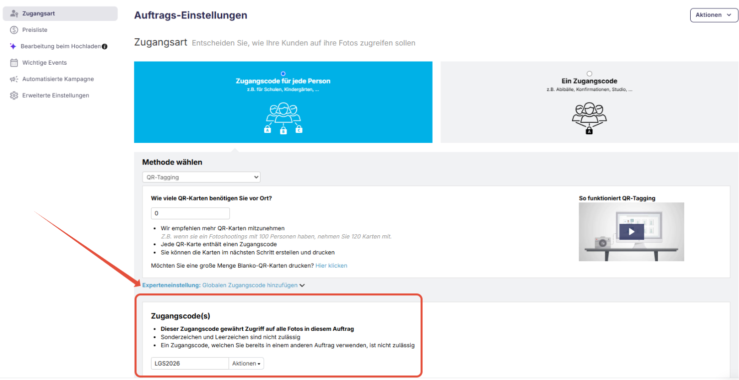 Einstellung für den globalen Zugangscode als Ersatz für den Zugriffstyp Ein Zugangscode