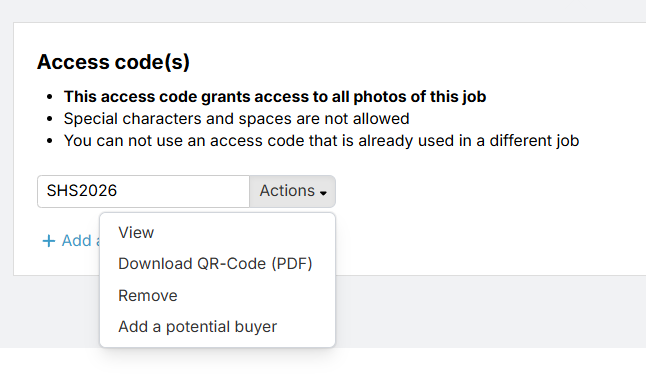 Global Access Code actions