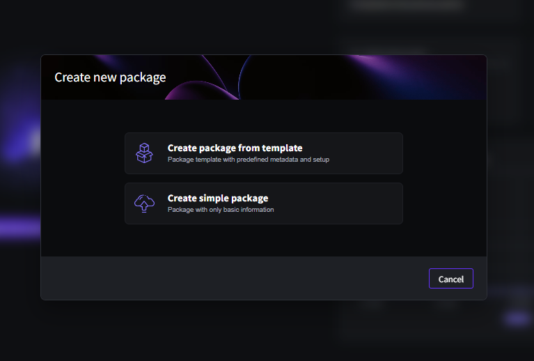 Choosing Create package from template