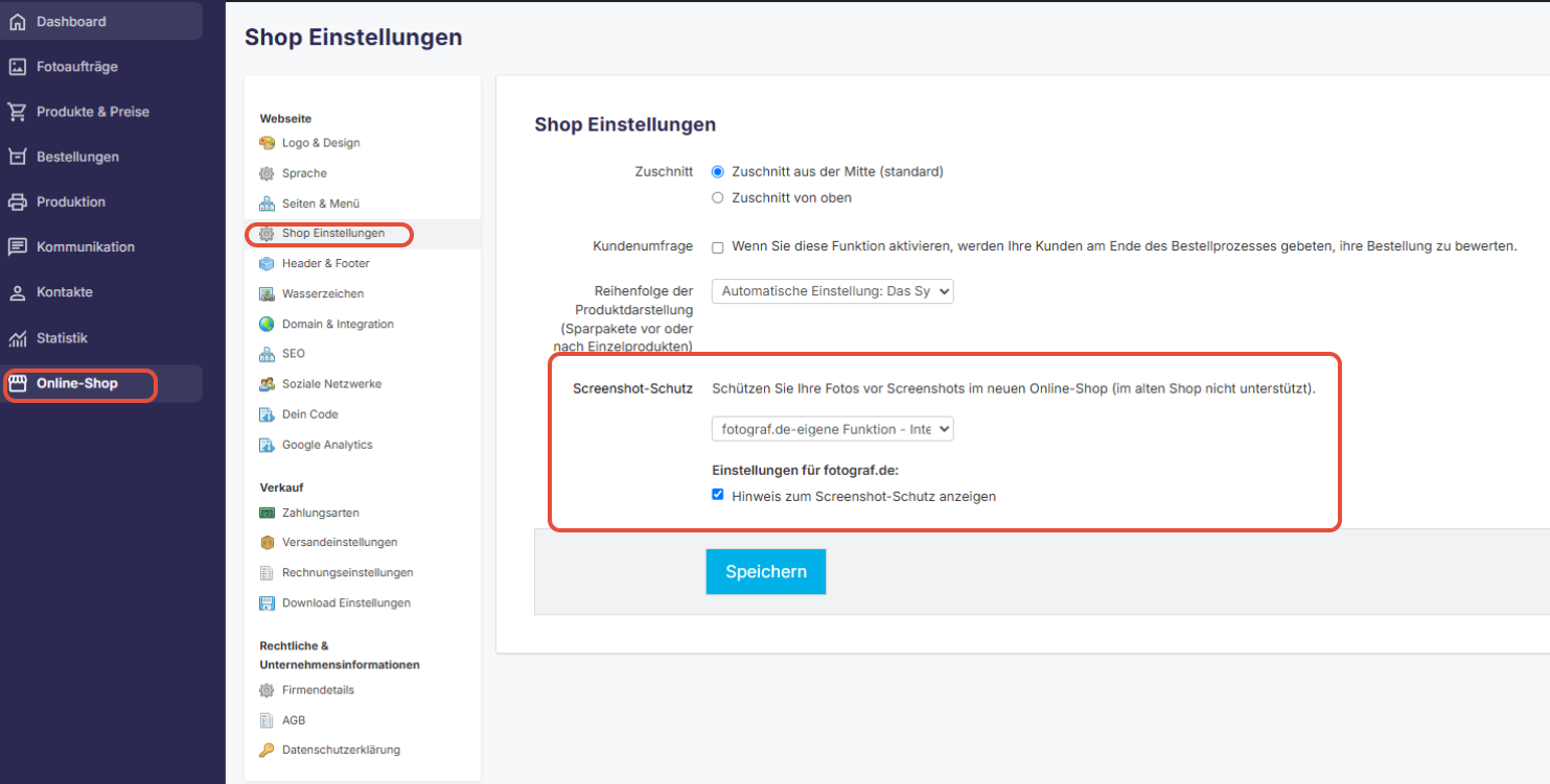 Screenshot-Schutz-Einstellungen im Online-Shop