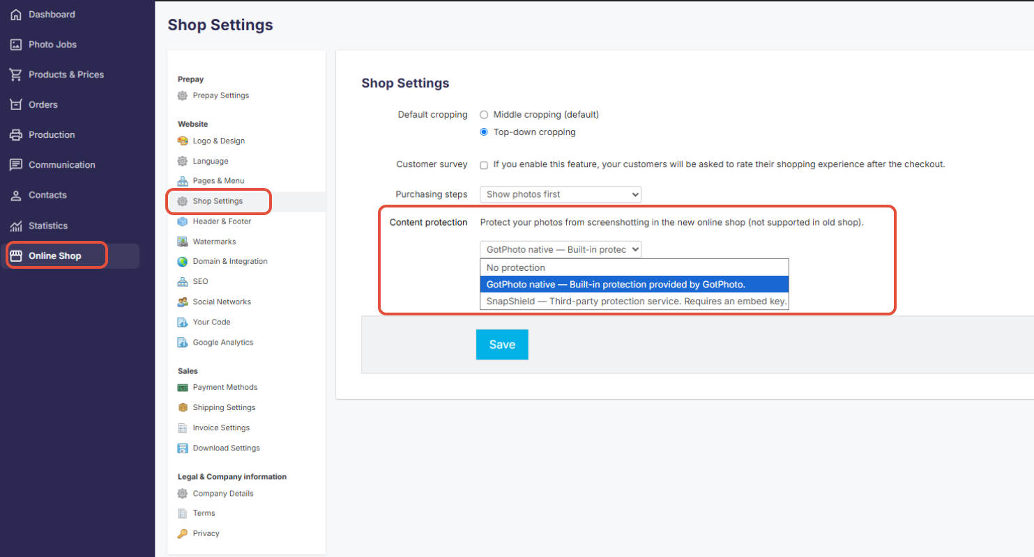 Content protection settings in the GotPhoto online shop showing the available protection options.