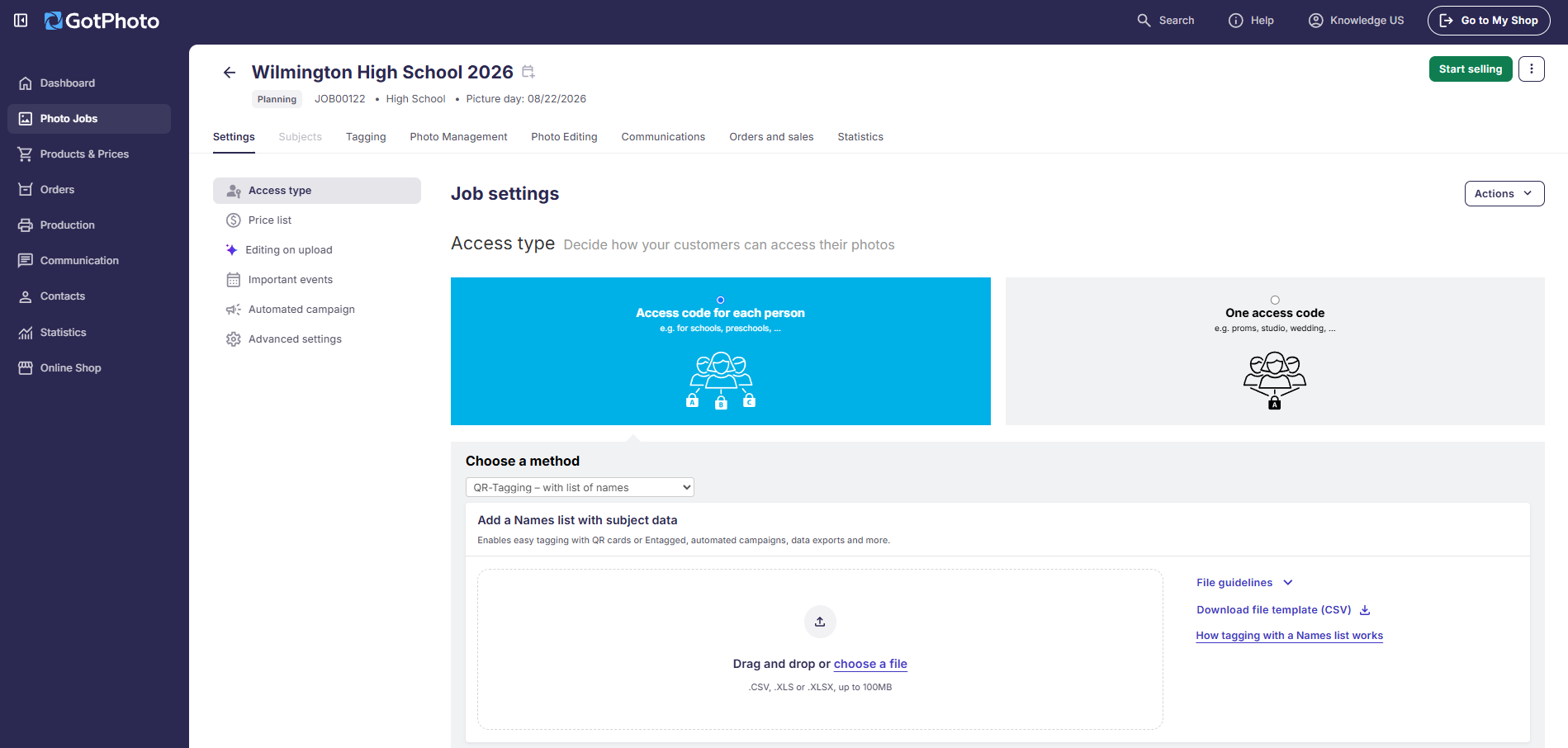 Preview of the Photo Job Settings page