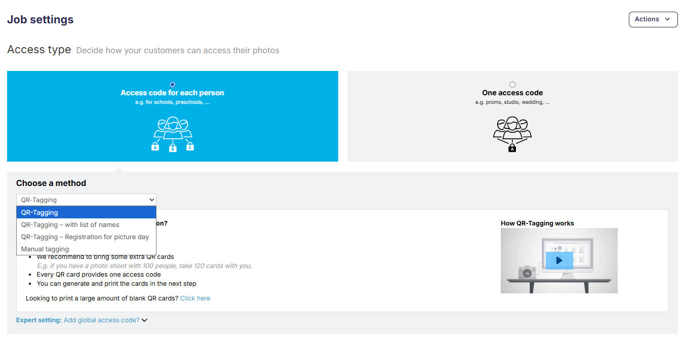 GotPhoto access type selection: Access code per person highlighted, with QR-Tagging method dropdown open.
