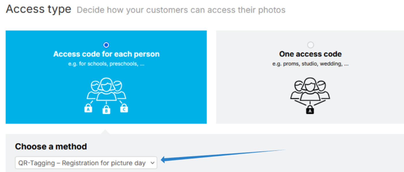 Access type set to "access code for each person," with "QR tagging – registration for picture day" selected.