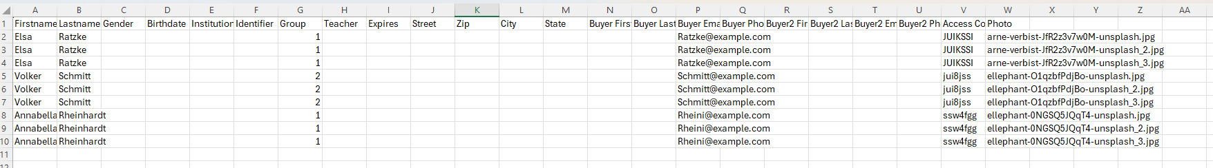 Beispiel-CSV mit mehreren Zeilen pro Person und Foto