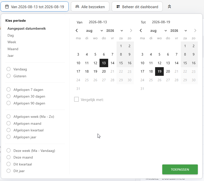 Voorbeeld van pop-up om periode(bereik) in te stellen