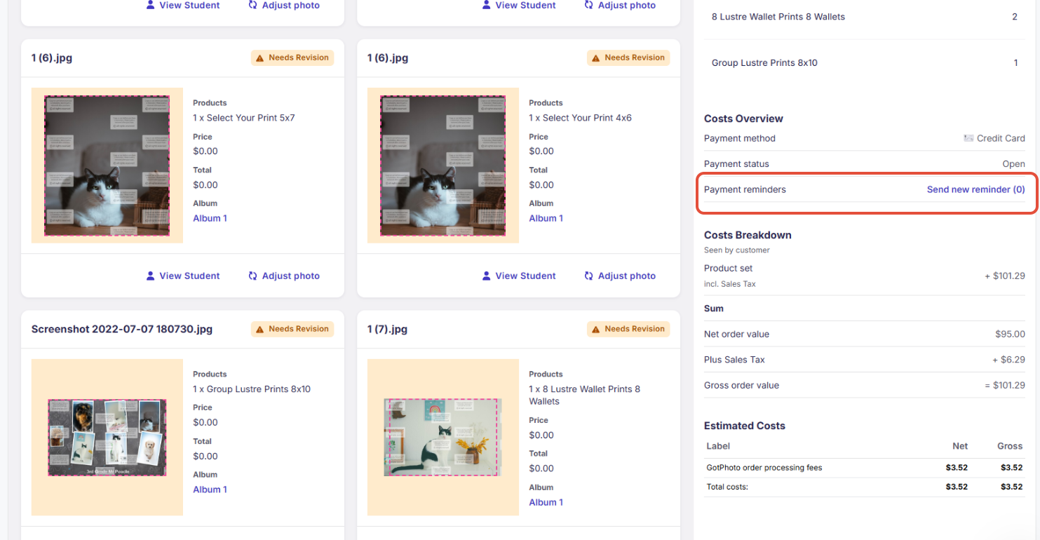 Send new payment reminder on the order page