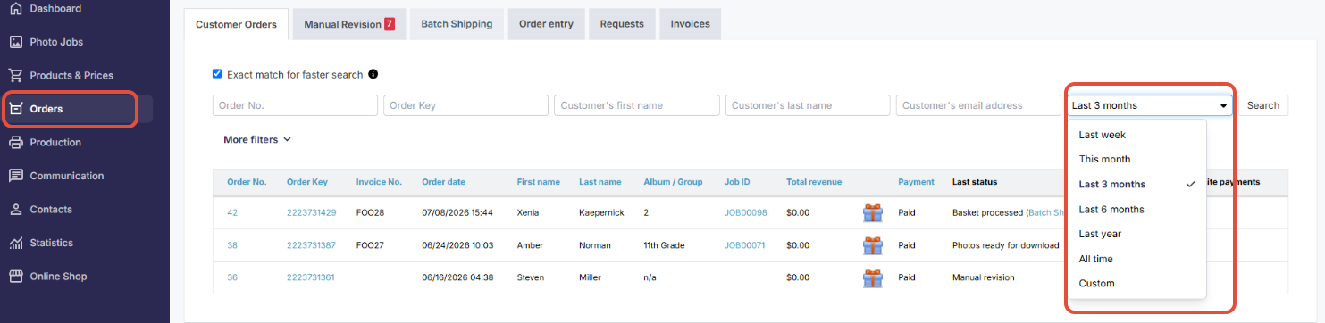 Date filter for orders