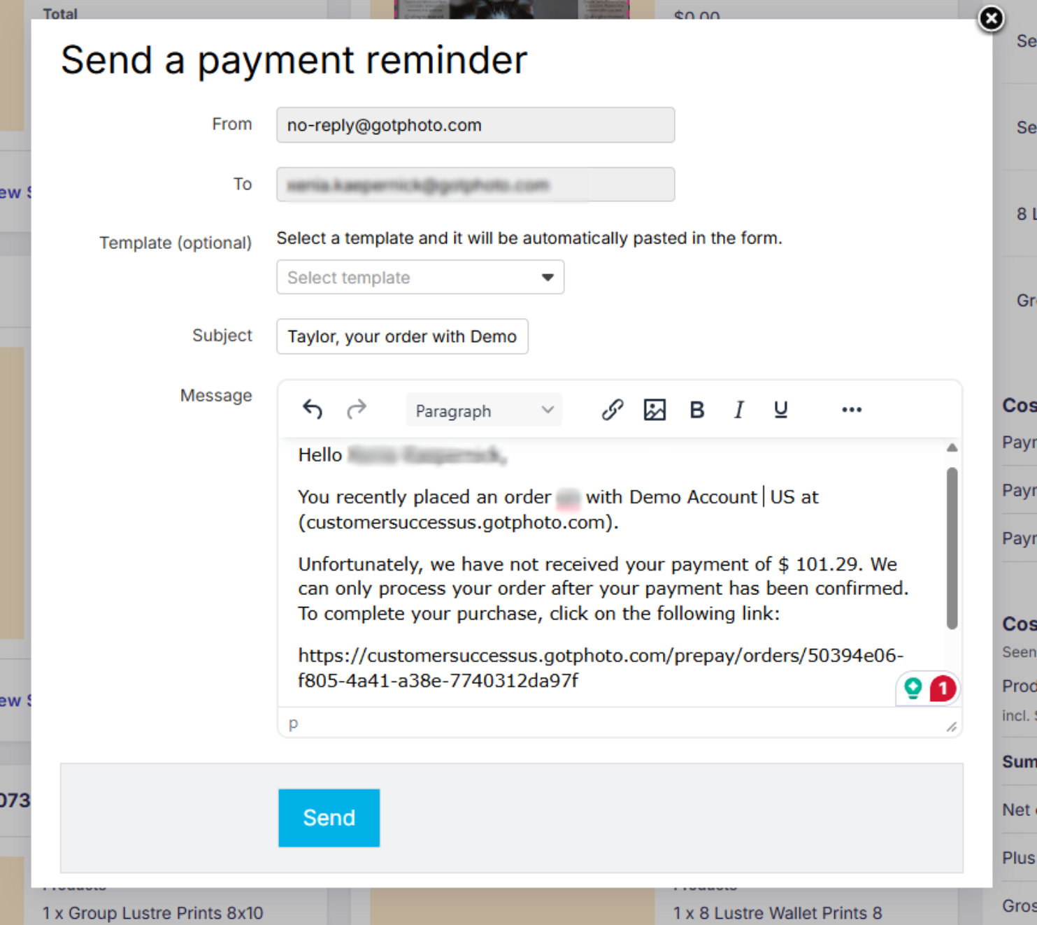 Payment reminder email pop-up