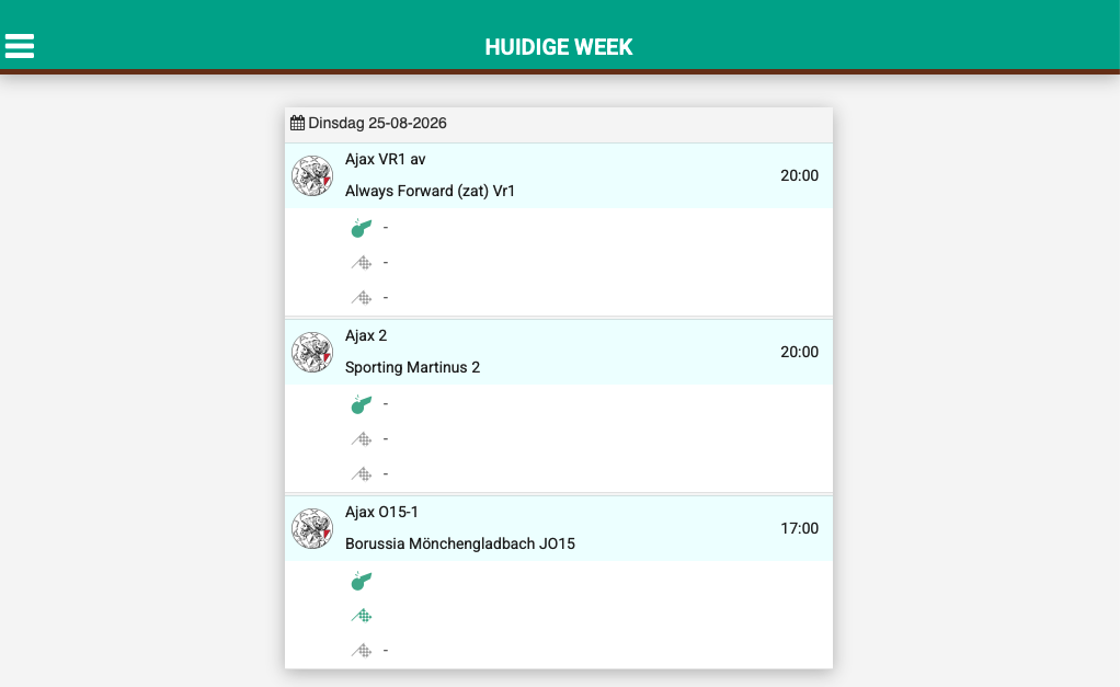 App — menu Aanstellingen met de weeklijst en de openstaande rollen per wedstrijd