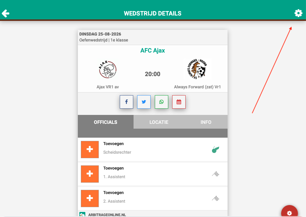 App — wedstrijddetail met het tandwiel rechtsboven in de menubalk