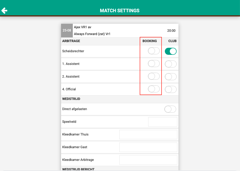 App — Match settings, blok ARBITRAGE met de kolommen CLUB en BOOKING