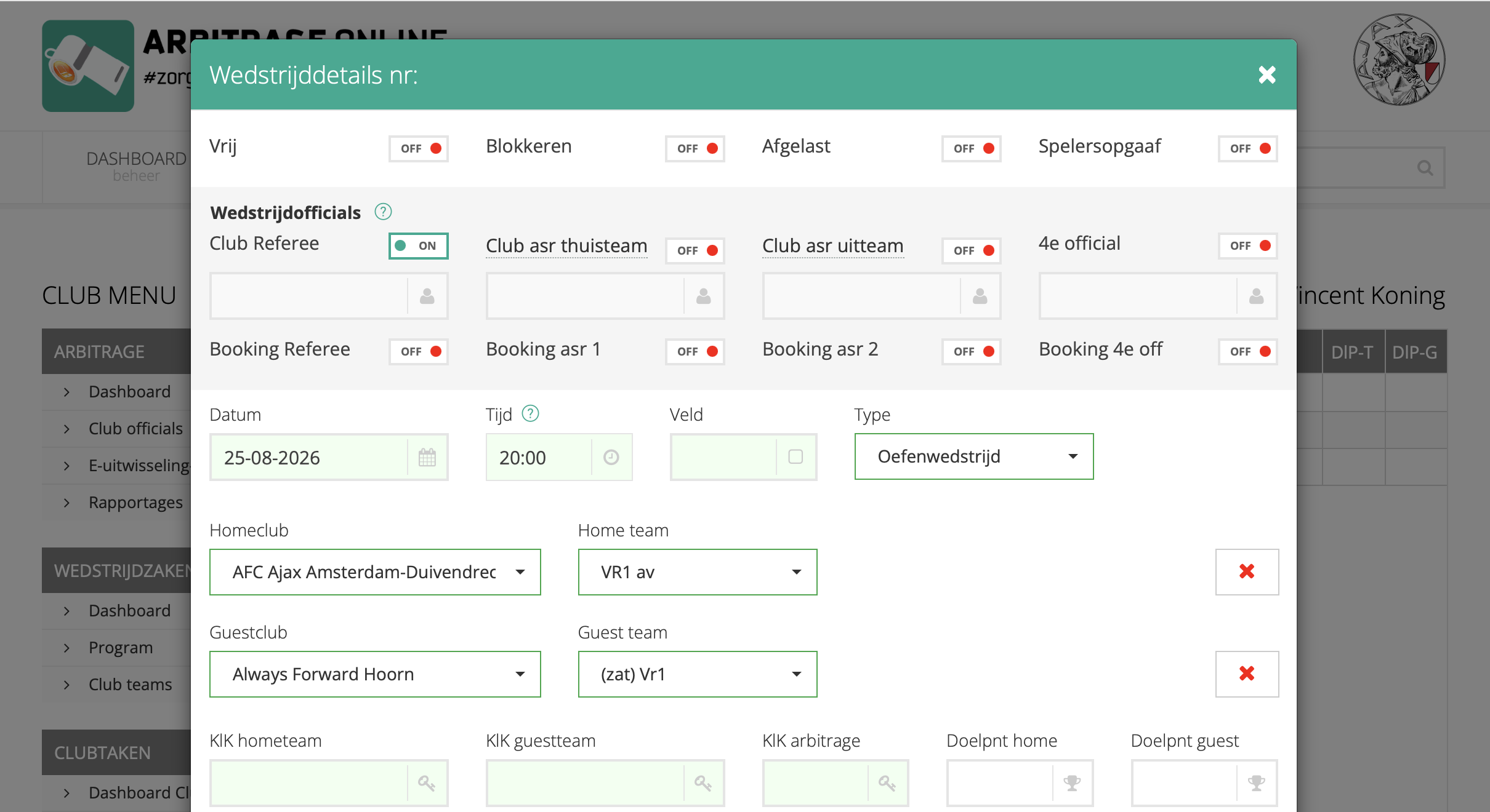 Portal — pagina Programma met de wedstrijdlijst