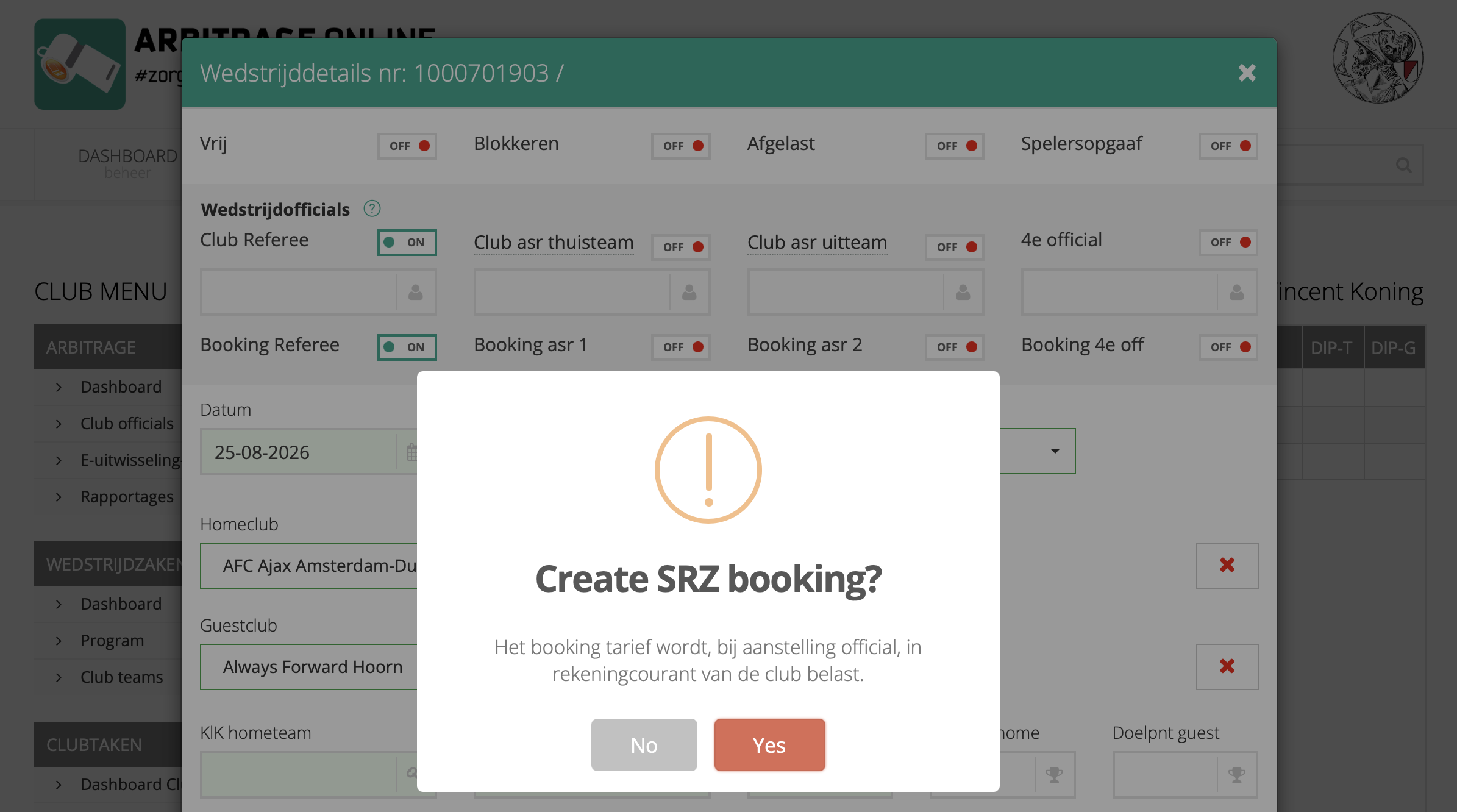 Portal — bevestigingsvenster 'Create SRZ booking?'