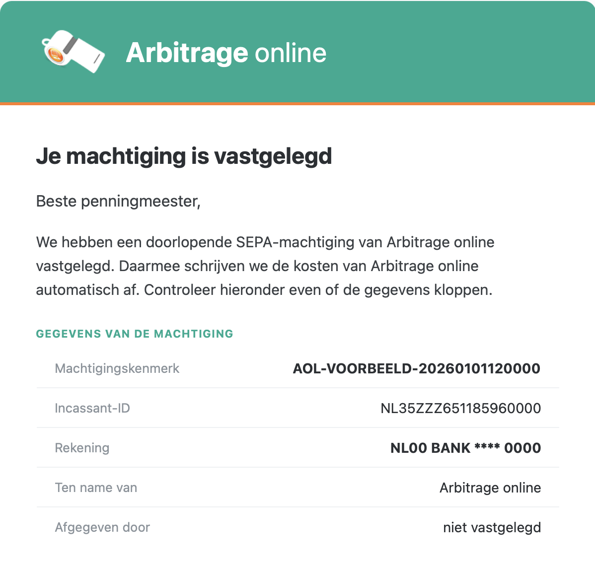 Bevestigingsmail 'Je machtiging is vastgelegd' met kenmerk en incassant-ID
