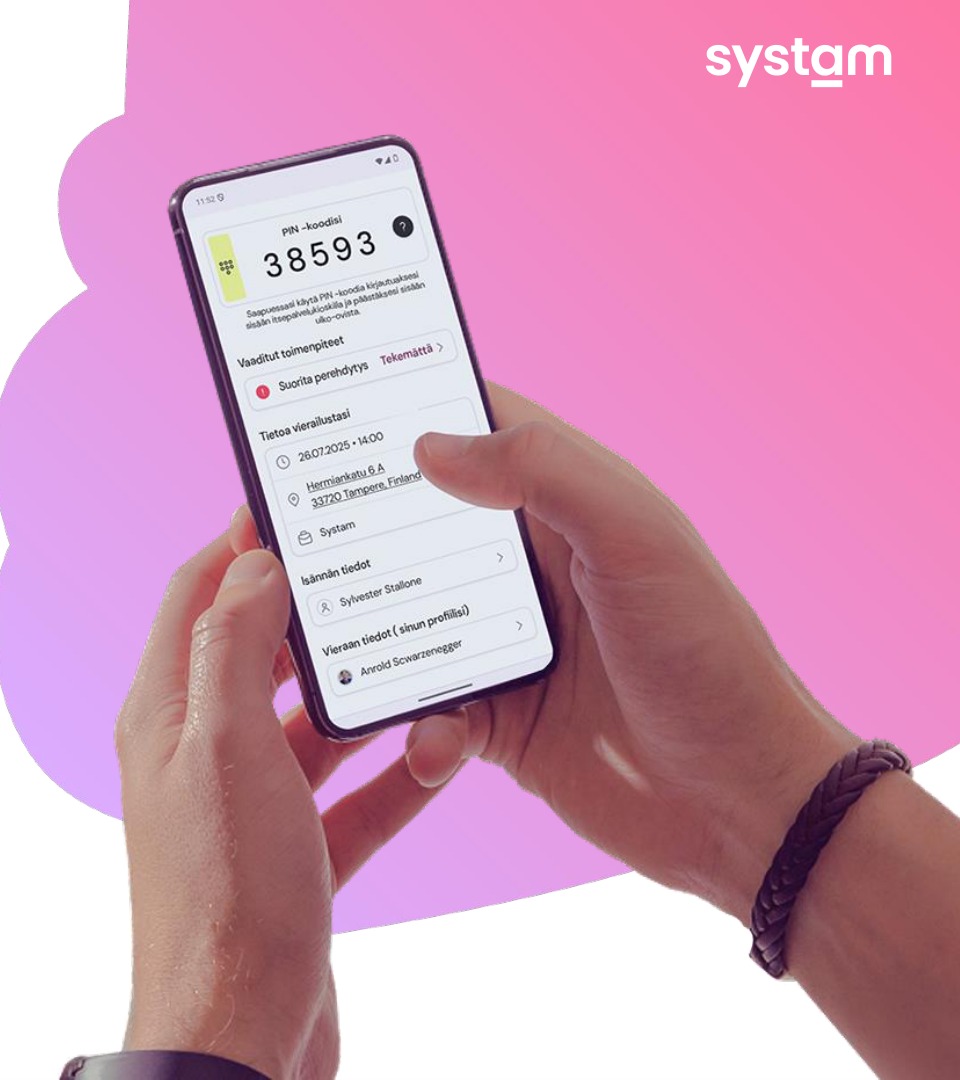 Mobiilivierailijakortti puhelimen näytöllä, PIN-koodi näkyvissä
