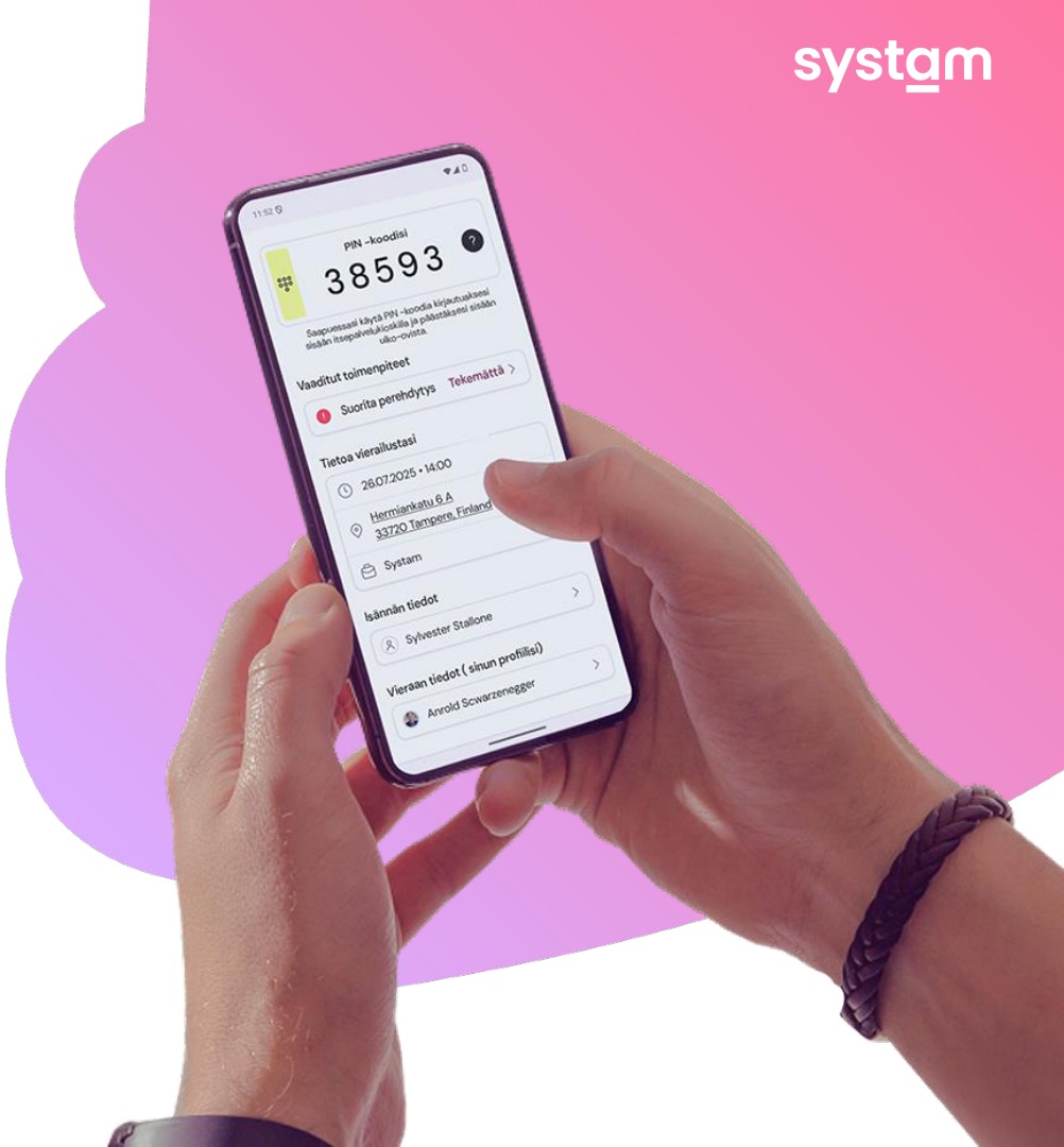 Vieraan mobiilinäkymä PIN-koodilla ja vierailun tiedoilla