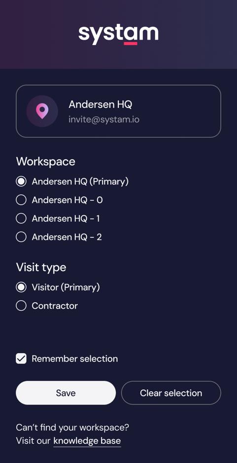 Työtilan ja vierailijatyypin valinta mobiilinäkymässä