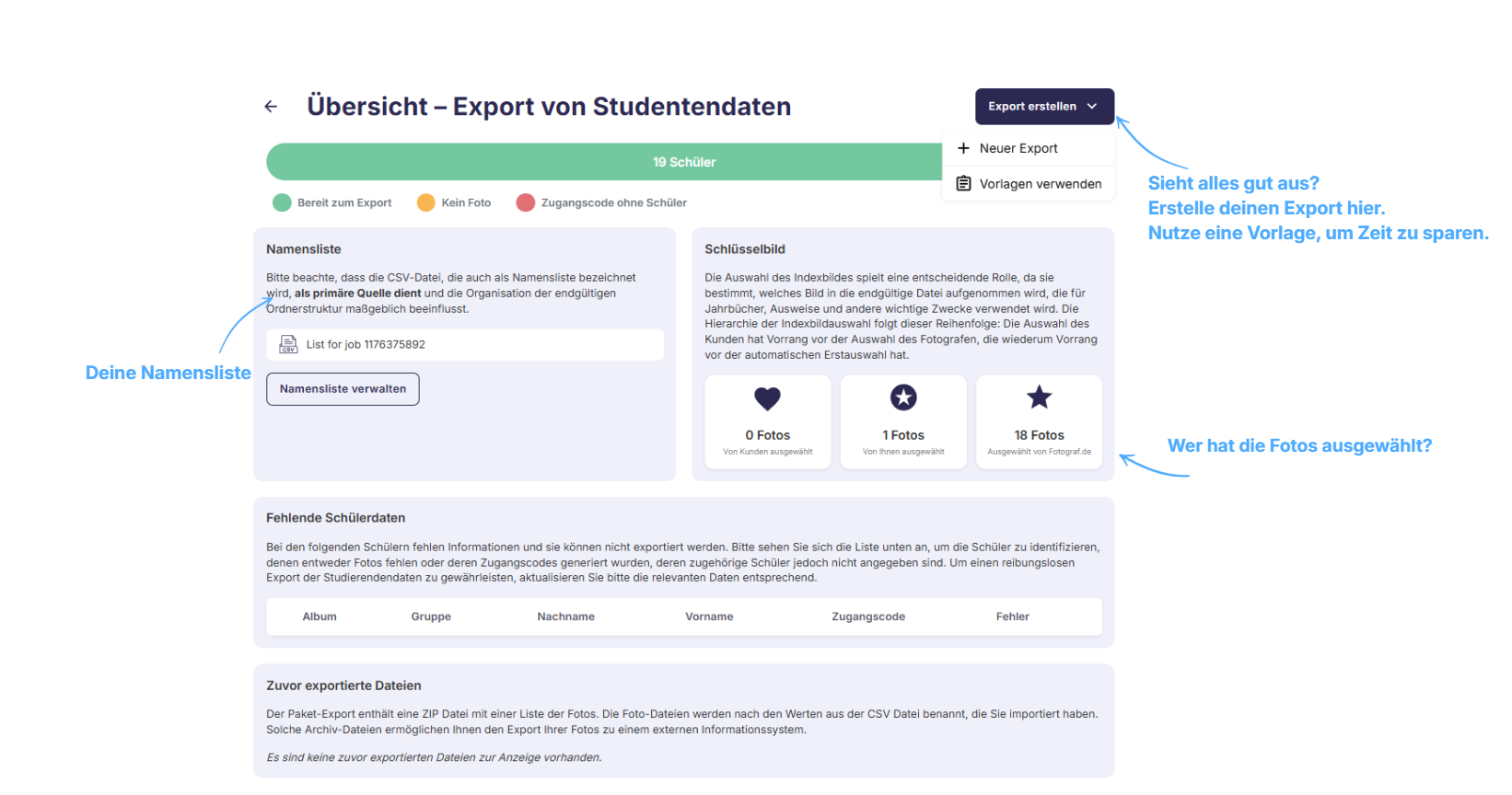 Aktionen Dropdown Export
