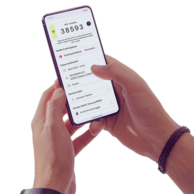 Mobiilivierailijakortti puhelimen näytöllä, PIN-koodi näkyvissä