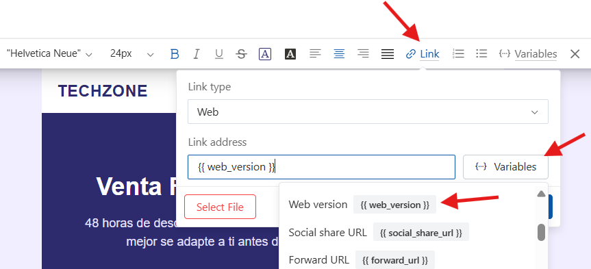 Inserting web version variable using the link settings in the AI editor
