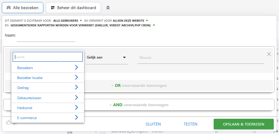 Voorbeeld van de pop-up om een filter in te stellen