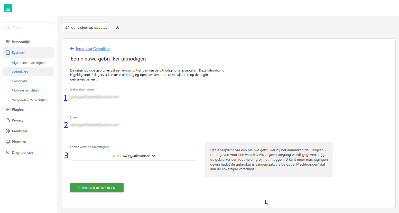 Pagina met instellingen van de nieuwe gebruiker