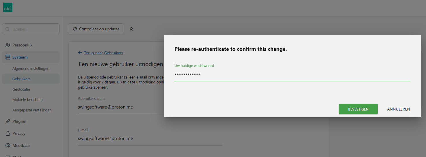 Pop-up om het aanmaken van de nieuwe gebruiker te bevestigen met je wachtwoord