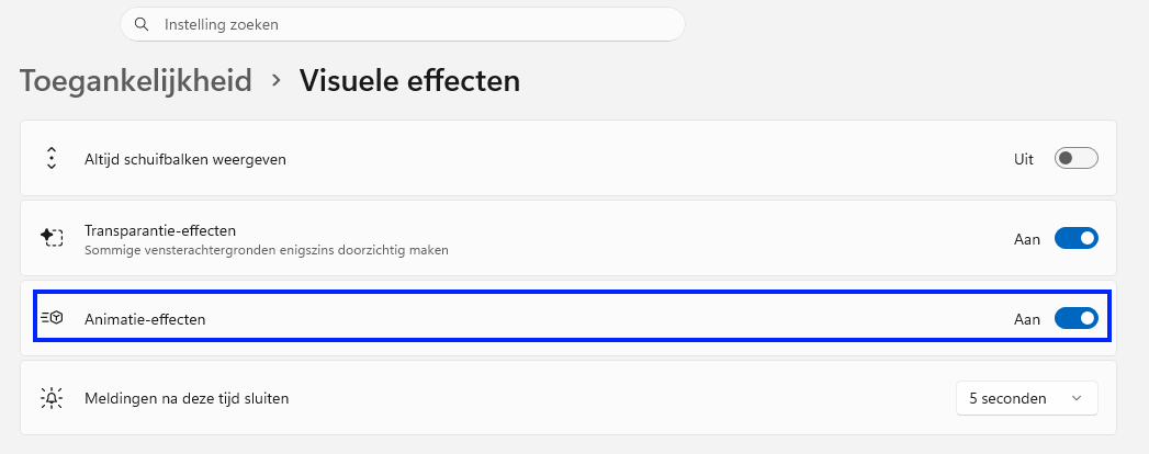 windows instelling animatie-effecten
