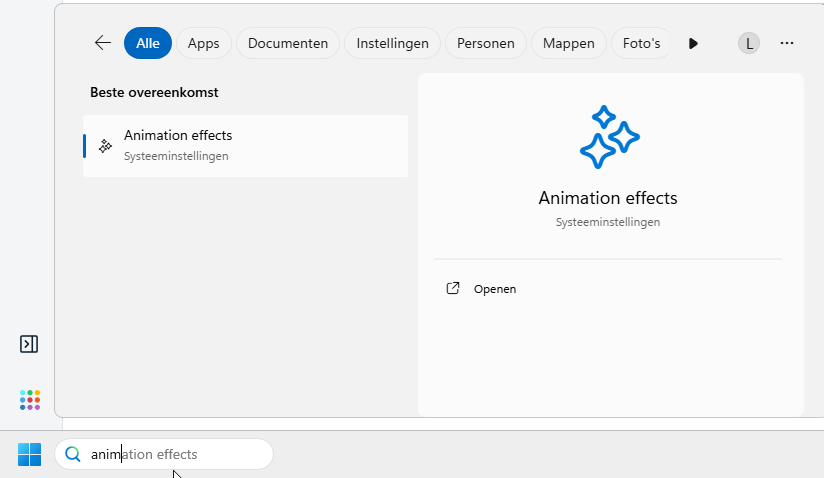 zoeken naar windows animaties effecten