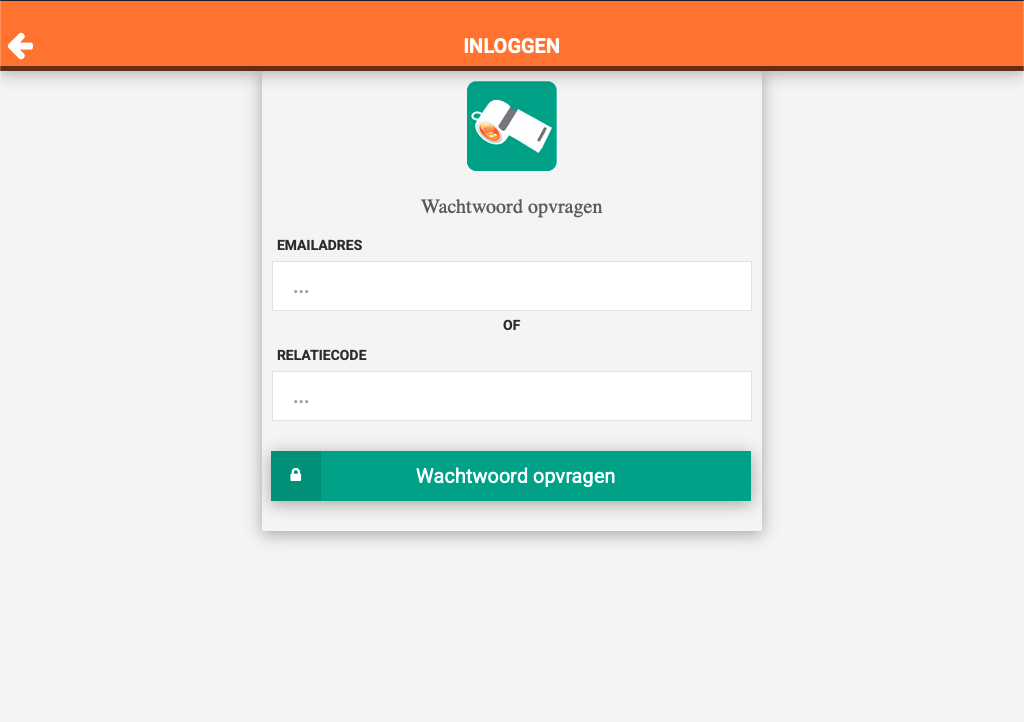 Scherm Wachtwoord opvragen met de velden EMAILADRES, OF en RELATIECODE