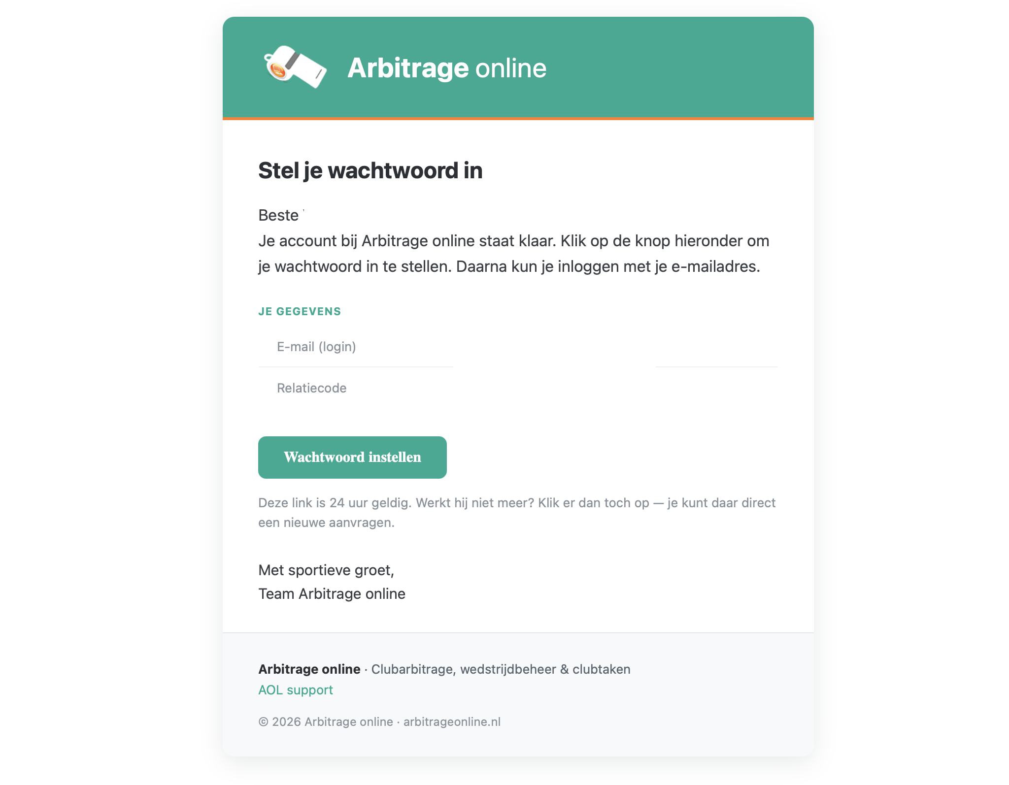 De e-mail met de knop Wachtwoord instellen