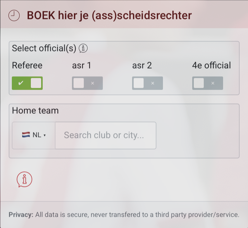 scheidsrechterzoeken.nl — boekingsformulier, bovenkant met Select official(s) en Home team