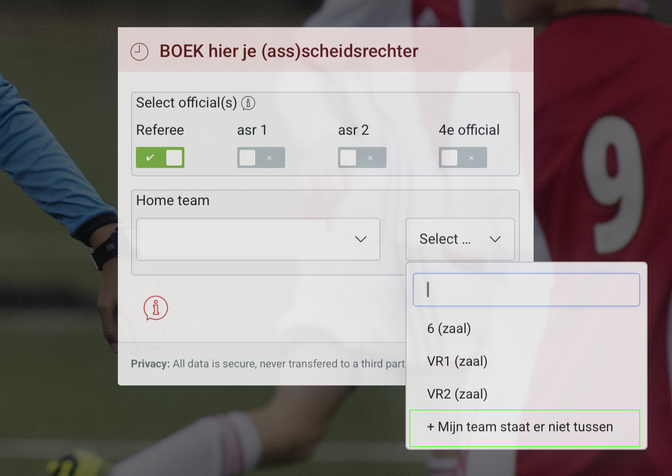 scheidsrechterzoeken.nl — teamkeuzelijst met onderaan de regel '+ Mijn team staat er niet tussen'