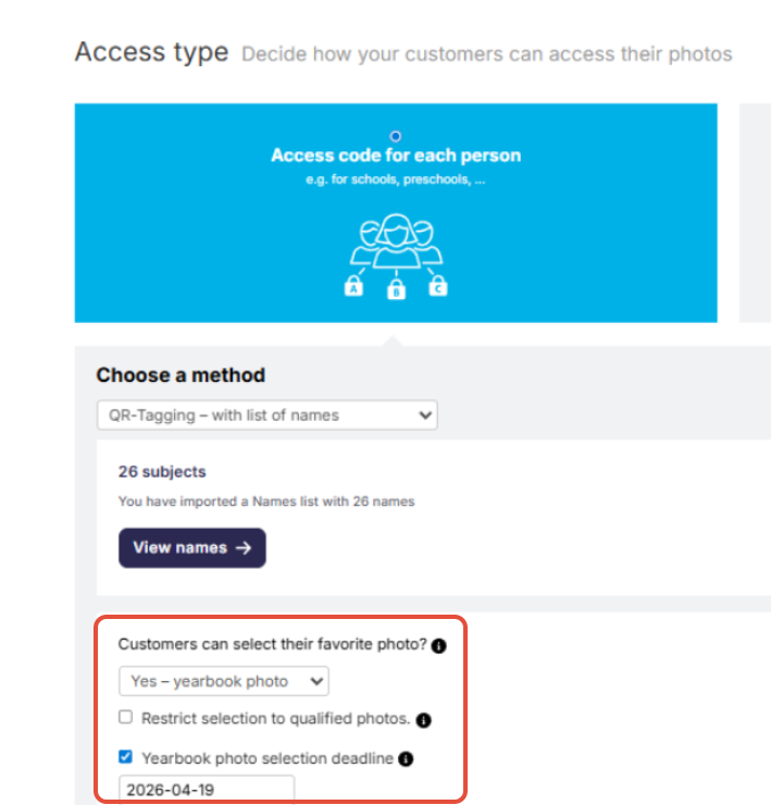 A screenshot of job access type settings with the option 'Customers can select their favorite photo?' highlighted and set to Yes - Yearbook photo.